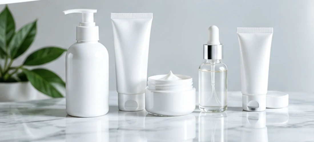Illustrative unbranded tubes, creams, pump bottles and serum packaging